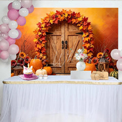 Lofaris Rustic Wooden Door Autumn Backdrop with Maple Leaves and Pumpkins Warm Fall Harvest Photography Background for Thanksgiving Decor