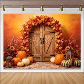 Lofaris Rustic Wooden Door Autumn Backdrop with Maple Leaves and Pumpkins Warm Fall Harvest Photography Background for Thanksgiving Decor