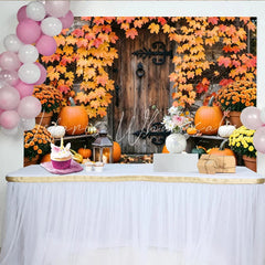 Lofaris Rustic Wooden Door Autumn Backdrop with Pumpkins and Fall Leaves Harvest Festival Background for Thanksgiving or Halloween Party