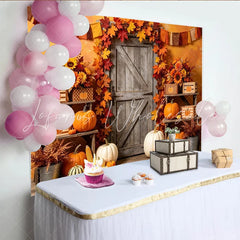 Lofaris Rustic Wooden Door Autumn Backdrop with Pumpkins and Fall Leaves Vibrant Sunflower Corn Harvest Photography Background