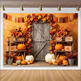 Lofaris Rustic Wooden Door Autumn Backdrop with Pumpkins and Fall Leaves Vibrant Sunflower Corn Harvest Photography Background