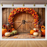 Lofaris Rustic Wooden Door Autumn Holiday Backdrop with Maple Leaves and Pumpkins Cozy Fall Harvest for Party Decor and Photo