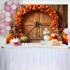 Lofaris Rustic Wooden Door Autumn Holiday Backdrop with Maple Leaves and Pumpkins Cozy Fall Harvest for Party Decor and Photo