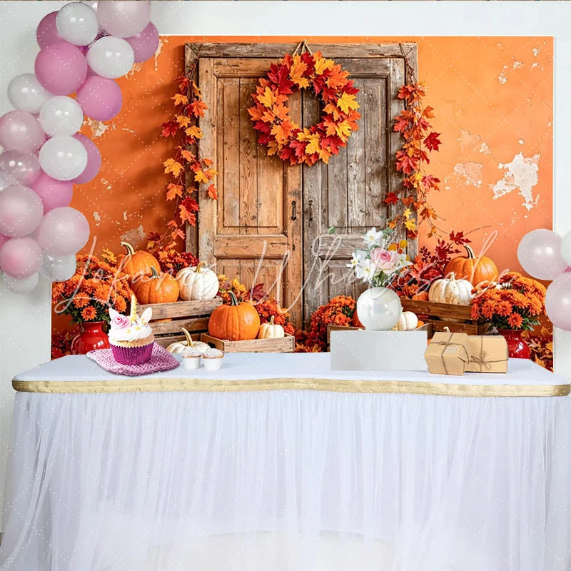 Lofaris Rustic Wooden Door Autumn Holiday Backdrop with Pumpkins and Fall Leaves Seasonal Photography Background for Thanksgiving Party