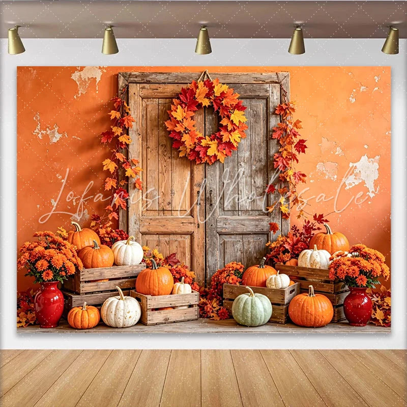 Lofaris Rustic Wooden Door Autumn Holiday Backdrop with Pumpkins and Fall Leaves Seasonal Photography Background for Thanksgiving Party