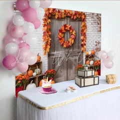 Lofaris Rustic Wooden Door Autumn Holiday Backdrop with Pumpkins and Maple Leaves Farmhouse Background for Fall Harvest Party Decor