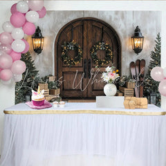 Lofaris Rustic Wooden Door Christmas Backdrop Winter Holiday Scene with Wreaths Trees and Gifts