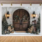 Lofaris Rustic Wooden Door Christmas Backdrop Winter Holiday Scene with Wreaths Trees and Gifts
