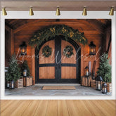 Lofaris Rustic Wooden Door Christmas Backdrop with Wreaths String Lights and Pine Trees Winter Holiday Party Decor