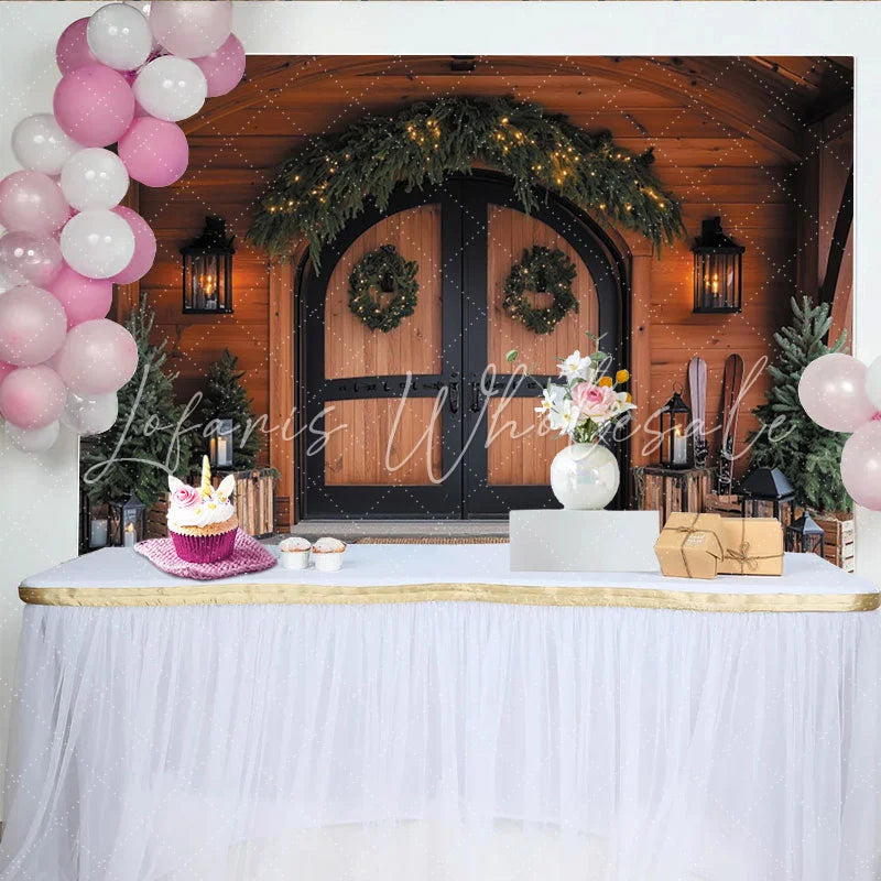 Lofaris Rustic Wooden Door Christmas Backdrop with Wreaths String Lights and Pine Trees Winter Holiday Party Decor