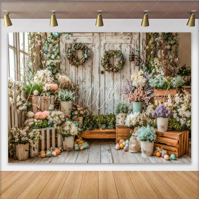 Lofaris Rustic Wooden Door Easter Backdrop with Pastel Flowers and Eggs Elegant Spring Photography Background for Festive Holiday Decor