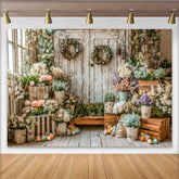 Lofaris Rustic Wooden Door Easter Backdrop with Pastel Flowers and Eggs Elegant Spring Photography Background for Festive Holiday Decor