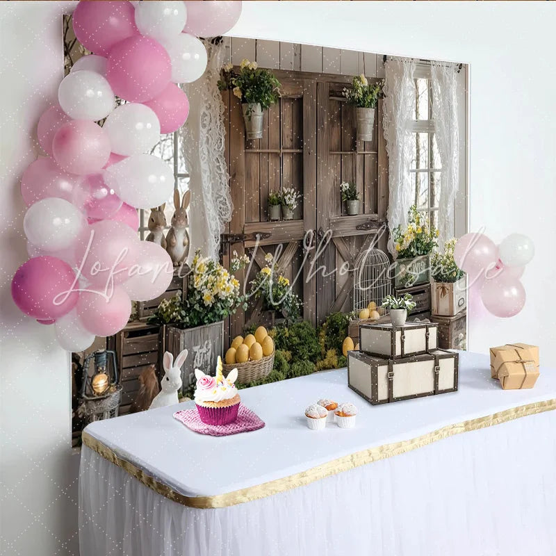 Lofaris Rustic Wooden Door Easter Backdrop with Spring Flowers and Bunnies Farmhouse Photography Background for Holiday Decor