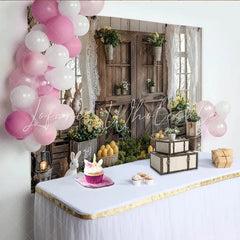 Lofaris Rustic Wooden Door Easter Backdrop with Spring Flowers and Bunnies Farmhouse Photography Background for Holiday Decor