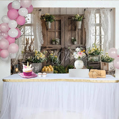 Lofaris Rustic Wooden Door Easter Backdrop with Spring Flowers and Bunnies Farmhouse Photography Background for Holiday Decor
