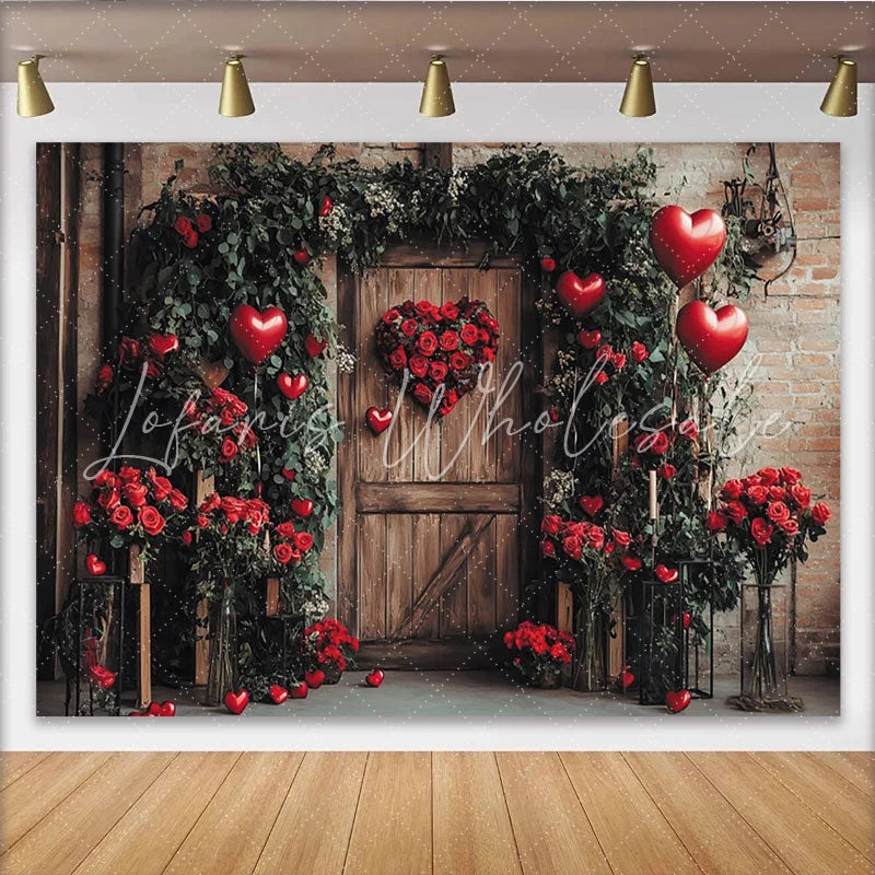 Lofaris Rustic Wooden Door Holiday Backdrop with Red Roses Green Foliage and Heart Balloons for Valentine’s Day