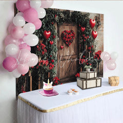 Lofaris Rustic Wooden Door Holiday Backdrop with Red Roses Green Foliage and Heart Balloons for Valentine’s Day