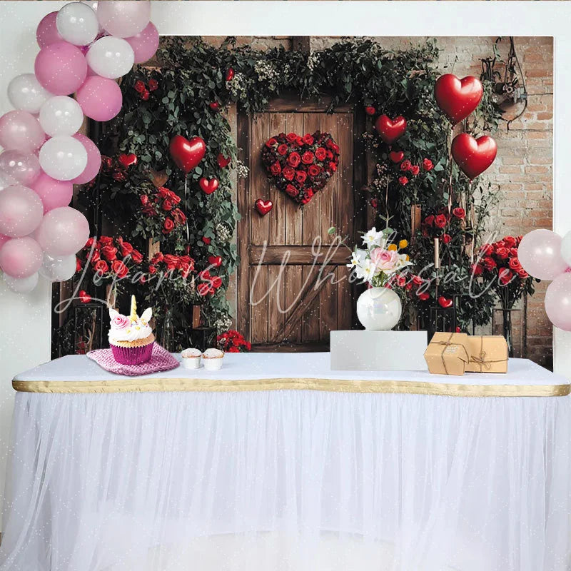 Lofaris Rustic Wooden Door Holiday Backdrop with Red Roses Green Foliage and Heart Balloons for Valentine’s Day