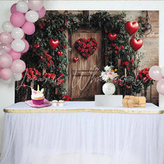 Lofaris Rustic Wooden Door Holiday Backdrop with Red Roses Green Foliage and Heart Balloons for Valentine’s Day