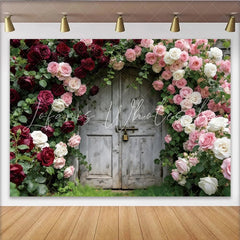 Lofaris Rustic Wooden Door Photography Backdrop with Red and Pink Roses Elegant Floral Background for Wedding and Portrait Studio