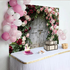 Lofaris Rustic Wooden Door Photography Backdrop with Red and Pink Roses Elegant Floral Background for Wedding and Portrait Studio