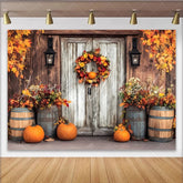 Lofaris Rustic Wooden Door Thanksgiving Backdrop with Fall Wreath Pumpkins and Autumn Leaves for Harvest Party Photography