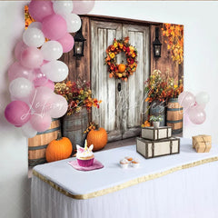 Lofaris Rustic Wooden Door Thanksgiving Backdrop with Fall Wreath Pumpkins and Autumn Leaves for Harvest Party Photography