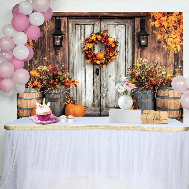 Lofaris Rustic Wooden Door Thanksgiving Backdrop with Fall Wreath Pumpkins and Autumn Leaves for Harvest Party Photography