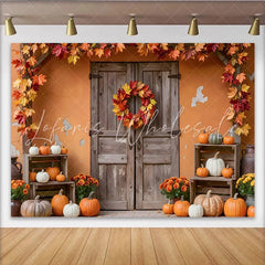 Lofaris Rustic Wooden Door Thanksgiving Backdrop with Pumpkins and Fall Leaves Garland Autumn Harvest Festival Background for Party Decor