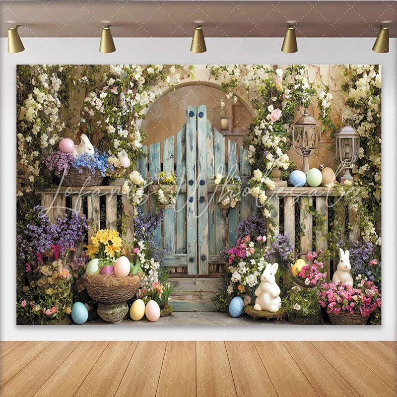 Lofaris Rustic Wooden Gate Easter Garden Backdrop with Flowering Vines Cute Bunnies and Colorful Eggs