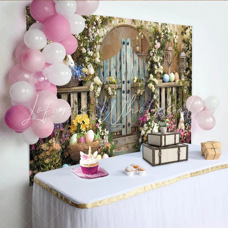 Lofaris Rustic Wooden Gate Easter Garden Backdrop with Flowering Vines Cute Bunnies and Colorful Eggs