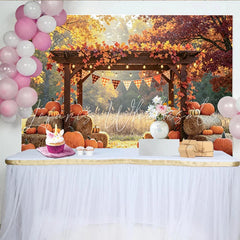 Lofaris Rustic Wooden Pergola Fall Harvest Photography Backdrop with Pumpkins and Hay Bales Autumn Leaves Photo Background