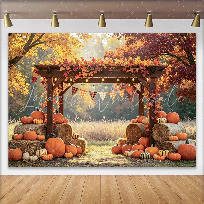 Lofaris Rustic Wooden Pergola Fall Harvest Photography Backdrop with Pumpkins and Hay Bales Autumn Leaves Photo Background