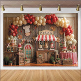 Lofaris Rustic Wooden Pizza Party Backdrop with Red and Cream Balloons Chef Theme Birthday Celebration Decor.