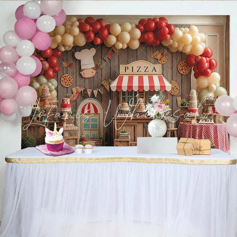Lofaris Rustic Wooden Pizza Party Backdrop with Red and Cream Balloons Chef Theme Birthday Celebration Decor.