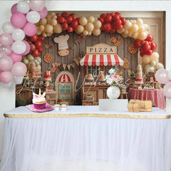 Lofaris Rustic Wooden Pizza Party Backdrop with Red and Cream Balloons Chef Theme Birthday Celebration Decor.