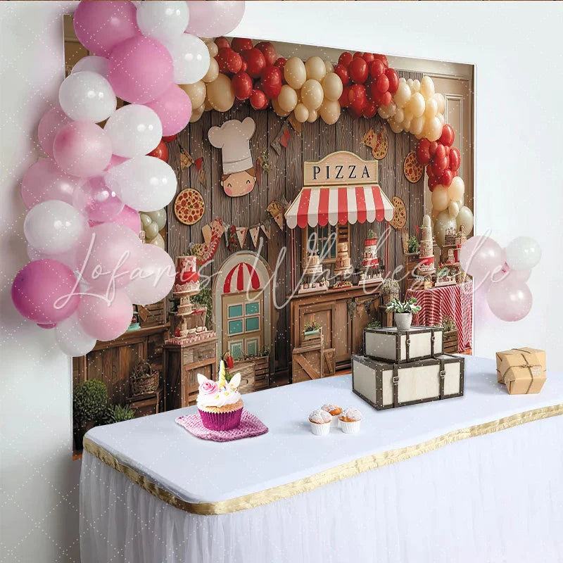 Lofaris Rustic Wooden Pizza Party Backdrop with Red and Cream Balloons Chef Theme Birthday Celebration Decor.