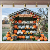 Lofaris Rustic Wooden Pumpkin Shop Autumn Harvest Backdrop with Colorful Gourds Fall Festival Photography and Thanksgiving Party Decor