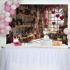 Lofaris Rustic Wooden Room Photography Backdrop with Red Flowers and Hanging Hearts Romantic Window Scene