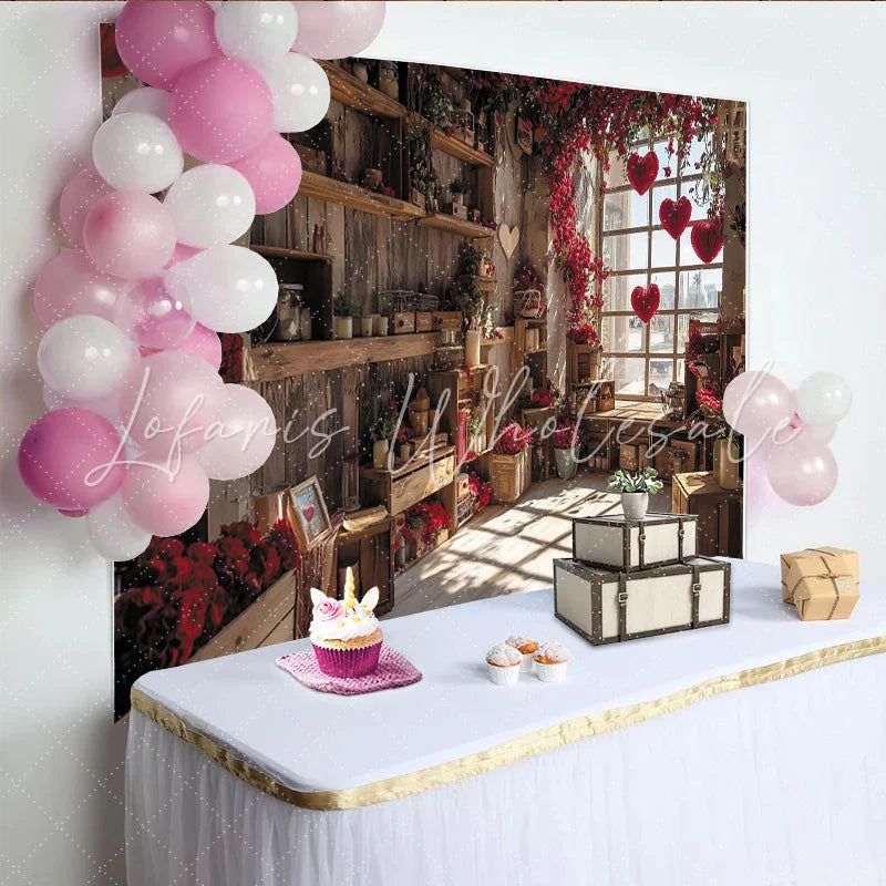 Lofaris Rustic Wooden Room Photography Backdrop with Red Flowers and Hanging Hearts Romantic Window Scene
