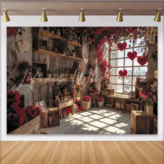 Lofaris Rustic Wooden Room Photography Backdrop with Red Flowers and Hanging Hearts Romantic Window Scene