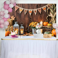 Lofaris Rustic Wooden Thanksgiving Backdrop with Pumpkins and Fall Leaves Cozy Autumn Harvest Party Background for Family Photoshoot