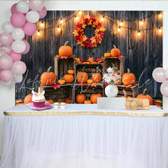 Lofaris Rustic Wooden Wall Autumn Backdrop with Pumpkins Fall Leaves and String Lights Harvest Festival Photography Background Decor