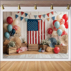 Lofaris Rustic Wooden Wall Independence Day Backdrop Patriotic American Flag and Red White Blue Balloons for Party Decor