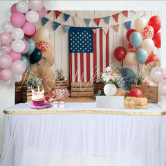 Lofaris Rustic Wooden Wall Independence Day Backdrop Patriotic American Flag and Red White Blue Balloons for Party Decor