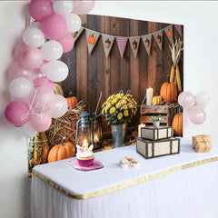 Lofaris Rustic Wooden Wall Thanksgiving Backdrop with Pumpkins and Hay Autumn Harvest Photo Background for Fall Party Decoration