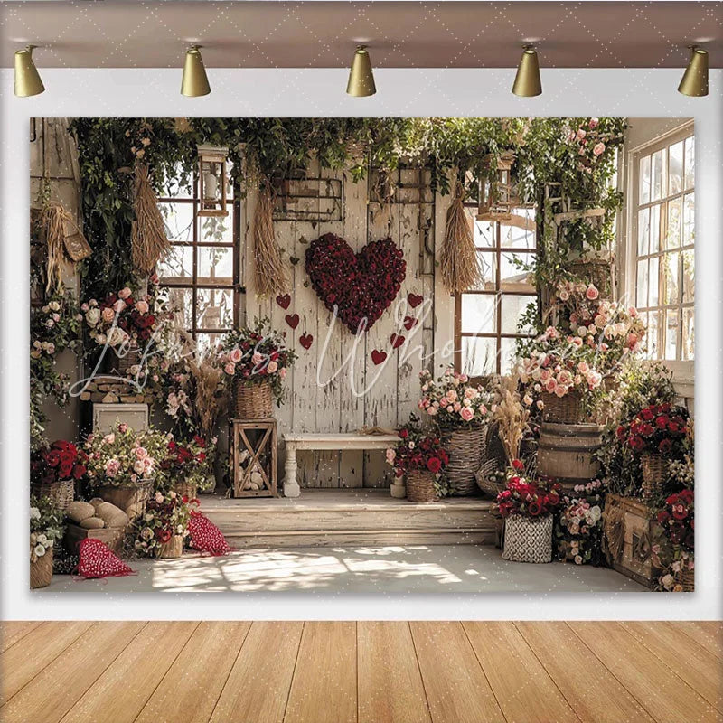Lofaris Rustic Wooden Wall Valentine’s Day Backdrop Red Rose Heart with Abundant Floral Garden Decor
