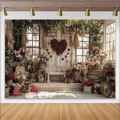Lofaris Rustic Wooden Wall Valentine’s Day Backdrop Red Rose Heart with Abundant Floral Garden Decor