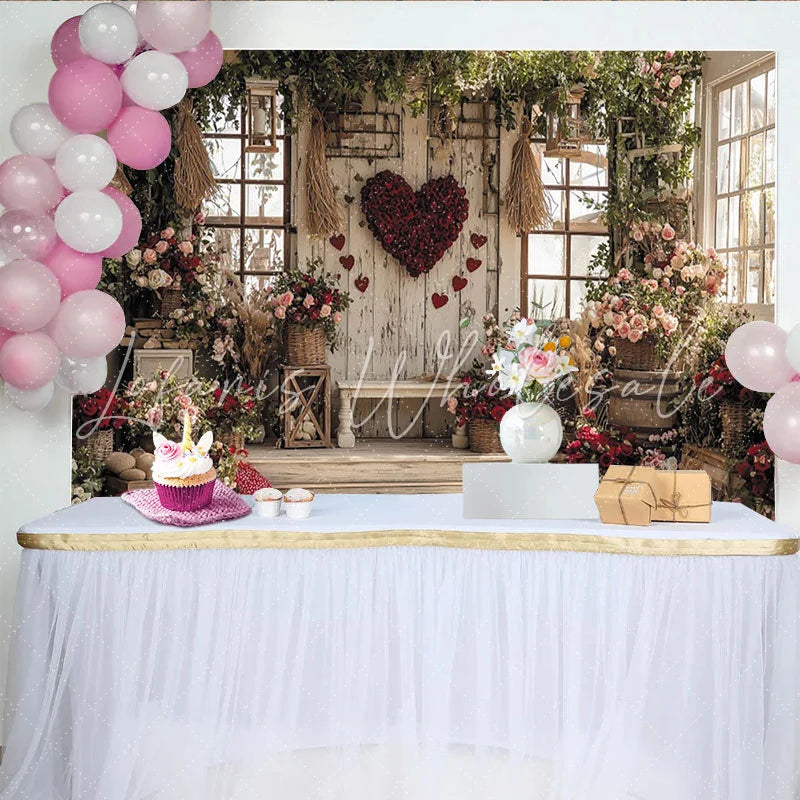 Lofaris Rustic Wooden Wall Valentine’s Day Backdrop Red Rose Heart with Abundant Floral Garden Decor