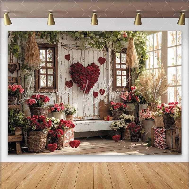 Lofaris Rustic Wooden Wall Valentine’s Day Backdrop with Red Roses Floral Heart and Window Decor Romantic Photo Background